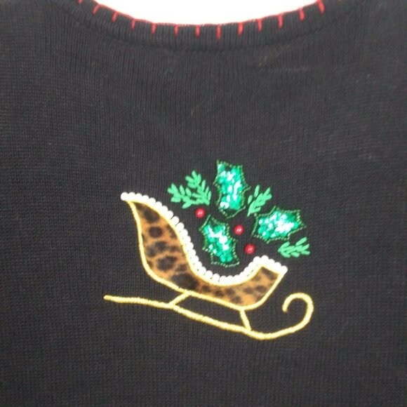 Vtg Christmas Cardigan Sweater Black Beaded BP Design L Grannycore Chic Holiday - Picture 4 of 12